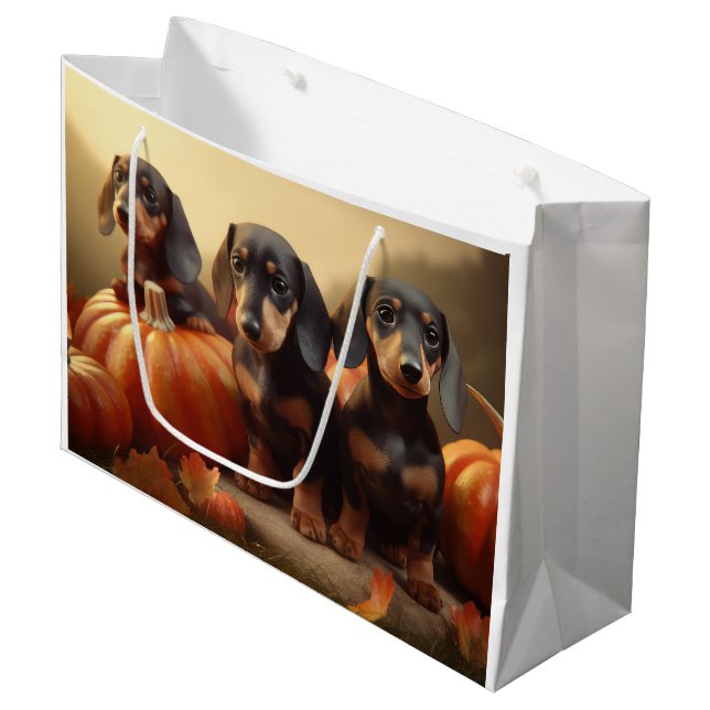 Grand Sac Cadeau Dachshund Chiot Automne Citrouille de plaisir (Devant Angle)