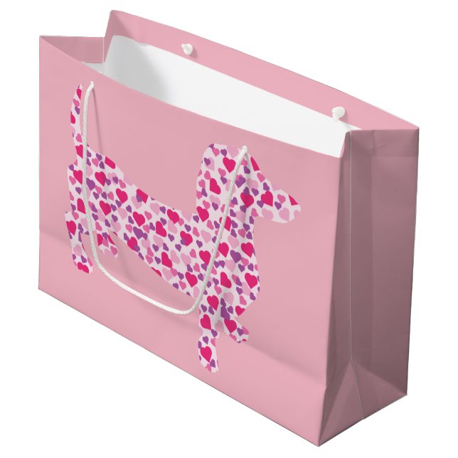 Grand Sac Cadeau Dachshund dans les coeurs roses (Devant Angle)