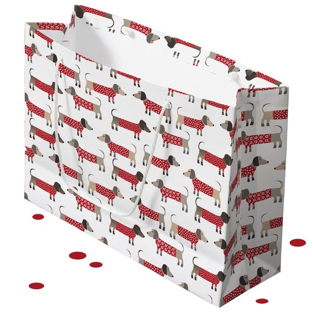 Grand Sac Cadeau Dachshund Saucisse Wiener Chien vacances (Gift bag featuring festive Dachshund Sausage Wiener Dogs in red and white knitwear)