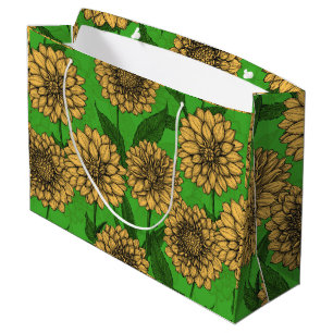 Grand Sac Cadeau Dahlias en jaune et vert