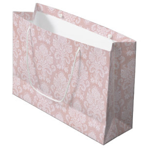 Grand Sac Cadeau Damassé de rose en pastel et de blanc