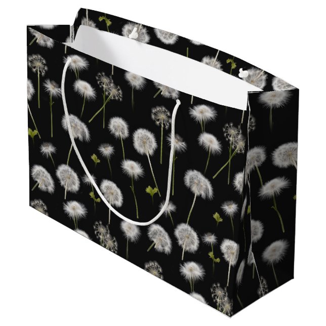 Grand Sac Cadeau Dandelions Fluffés Sur Noir (Dos Angle)