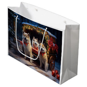 Grand Sac Cadeau Décor de Noël Akita Snowy Sleigh Ride