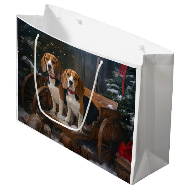 Grand Sac Cadeau Décor de Noël beagle Snowy Sleigh (Devant Angle)