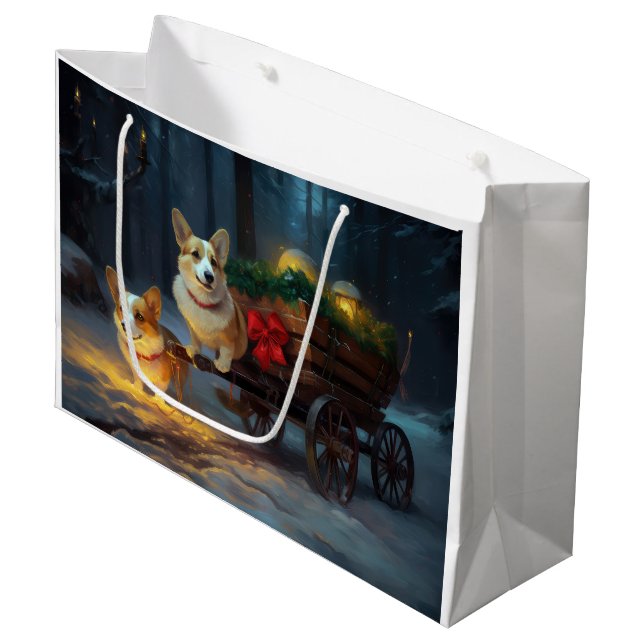 Grand Sac Cadeau Décor de Noël Corgi Snowy Sleigh (Devant Angle)