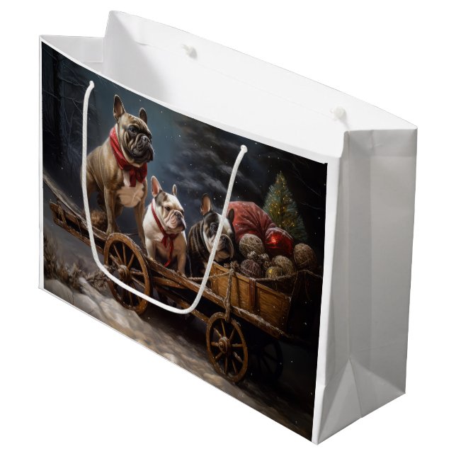 Grand Sac Cadeau Décor de Noël de Bulldog Snowy Sleigh (Devant Angle)