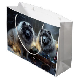 Grand Sac Cadeau Décor de Noël de traîneau enneigé Keeshond