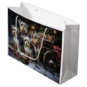 Grand Sac Cadeau Décor de Noël du Biewer Terrier Snowy Sleigh