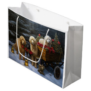 Grand Sac Cadeau Décoration de Noël au traîneau enneigé Goldendoodl