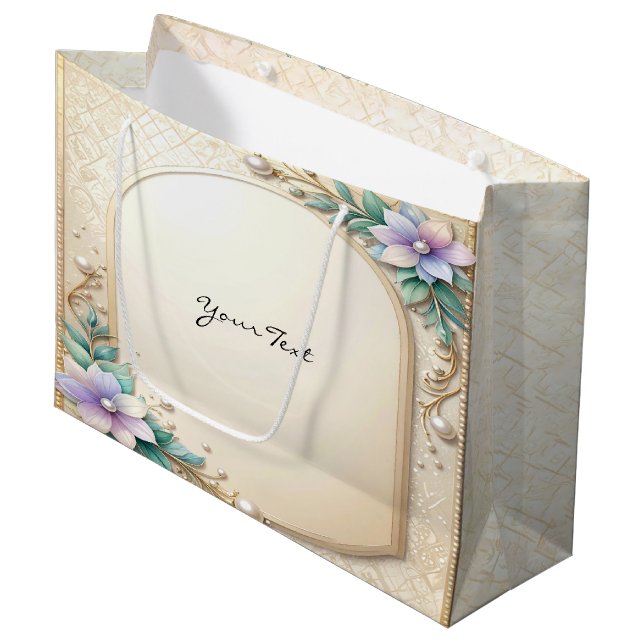 Grand Sac Cadeau Decorative Floral Frame with Pearls Gift Bag (Devant Angle)
