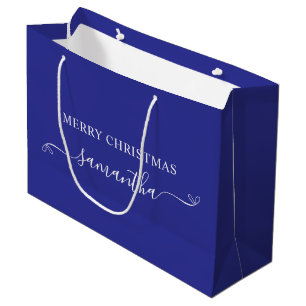 Grand Sac Cadeau Deep Blue White Merry Christmas Bow Signature Nom