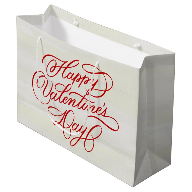 Grand Sac Cadeau Deep Red Happy Valentines Day Calligraphy (Devant Angle)