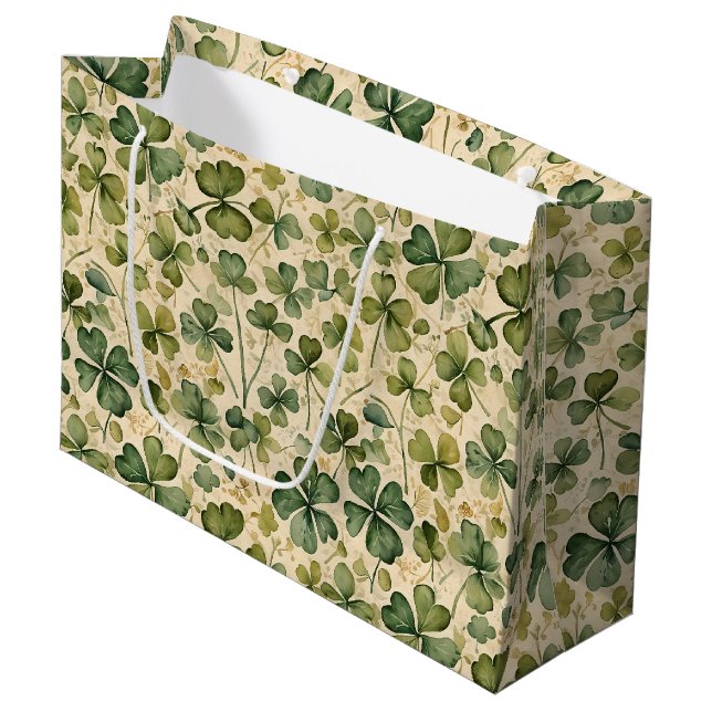 Grand Sac Cadeau Delicate Green Shamrocks Seamless (Devant Angle)