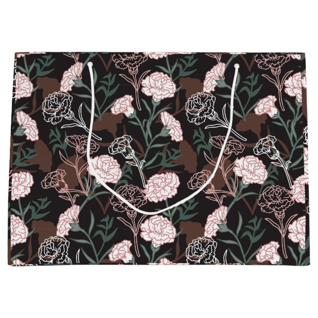 Grand Sac Cadeau Délicates oeillets roses avec fleurs Feuilles vert (Devant)