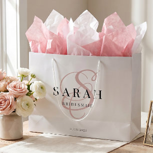 Grand Sac Cadeau Demoiselle d'honneur Monogramme Rose Blanc Personn