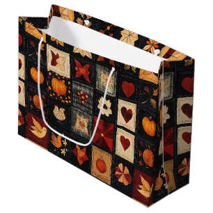 Grand Sac Cadeau Denim Folk Art Quilt Motif Patch d'automne rusti