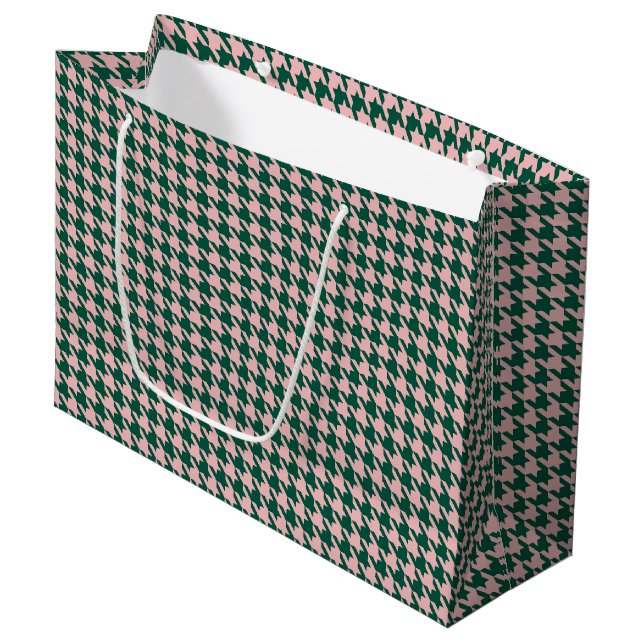 Grand Sac Cadeau Dent de chien Noël Moderne Vert & Rose  (Devant Angle)