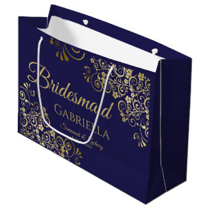 Grand Sac Cadeau Dentelle bleu et or de la marine Élégante demoisel