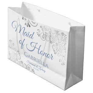 Grand Sac Cadeau Dentelle d'argent Dusty Bleu Blanc Maid of Honor M