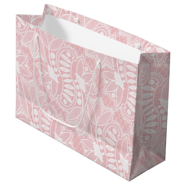 Grand Sac Cadeau Dentelle Fleurie Rose (Devant Angle)
