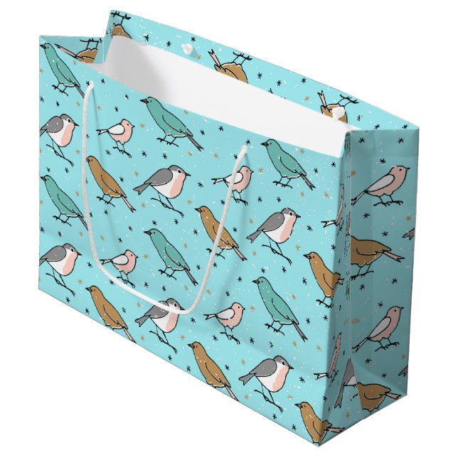 Grand Sac Cadeau Des oiseaux et des Motifs de Noël Turquoises (Devant Angle)