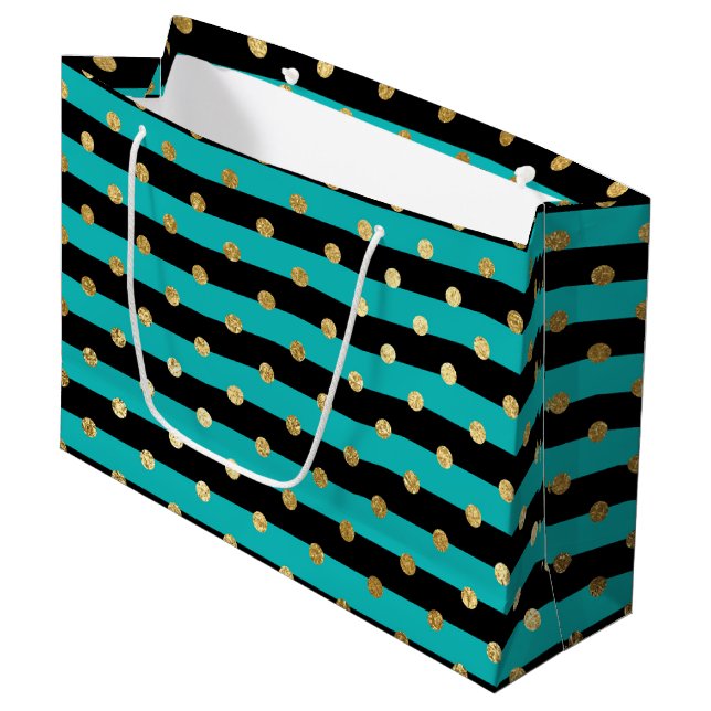 Grand Sac Cadeau Des rayures turquoise avec fête d'anniversaire Poi (Devant Angle)