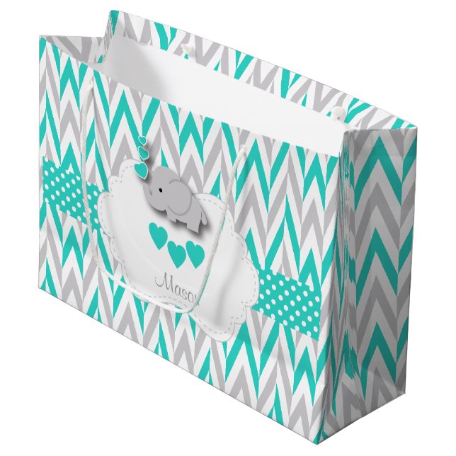 Grand Sac Cadeau Design Eléphant bleu turquoise - Baby Boy Douche (Devant Angle)
