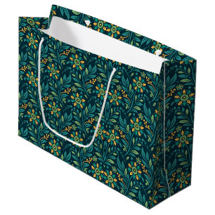Grand Sac Cadeau Design floral élégant jaune et sarcelle