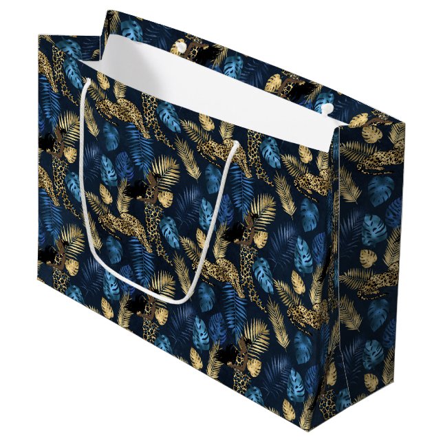 Grand Sac Cadeau Design Leopard bleu et or 8 (Devant Angle)