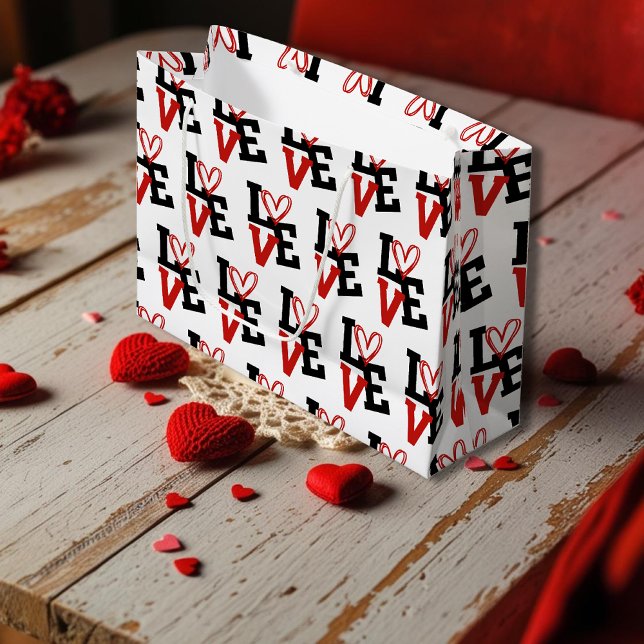 Grand Sac Cadeau Design romantique en rouge et noir (Bold Red and Black Romantic Pattern Design Large Gift Bag)