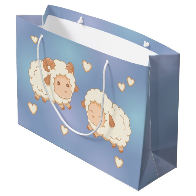 Grand Sac Cadeau Deux mignons petits moutons Motif sur bleu (Dos Angle)