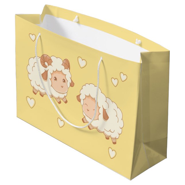 Grand Sac Cadeau Deux mignons petits moutons Motif sur Jaune (Dos Angle)
