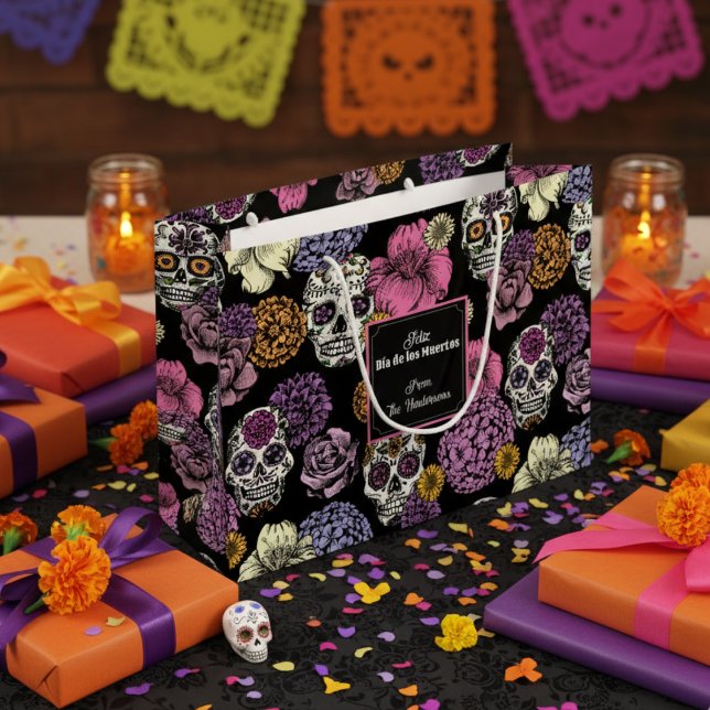 Grand Sac Cadeau Dia de los Muertos Mexicains Crânes et fleurs à su (Colorful Mexican Dia De los Muertos Calavera Gift Bag. Sugar Skulls, Flowers & Roses for Halloween)