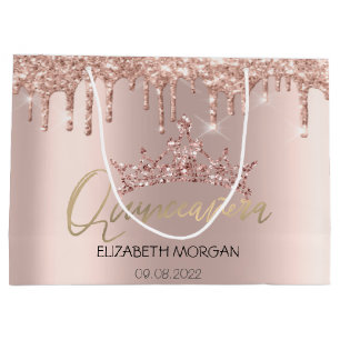 Grand Sac Cadeau Diadème Rose Gold Glitter Drips Quinceañera  