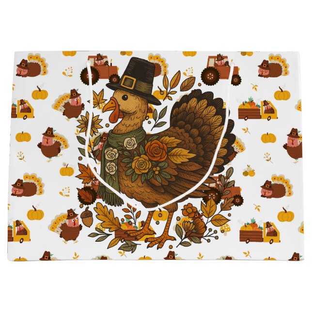 Grand Sac Cadeau Dindes de Thanksgiving (Devant)