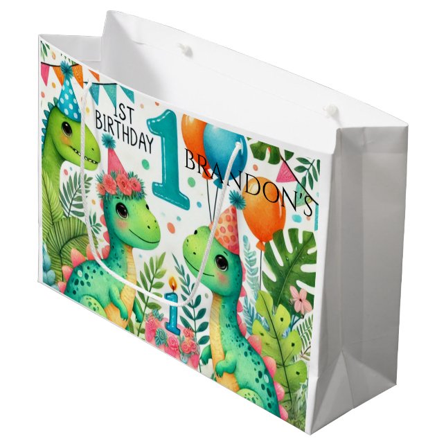 Grand Sac Cadeau Dinosaur Dino 1ère fête d'anniversaire (Devant Angle)