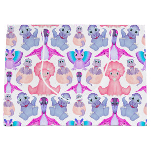 Grand Sac Cadeau Dinosaure Aquarelle rose Baby shower d'anniversair