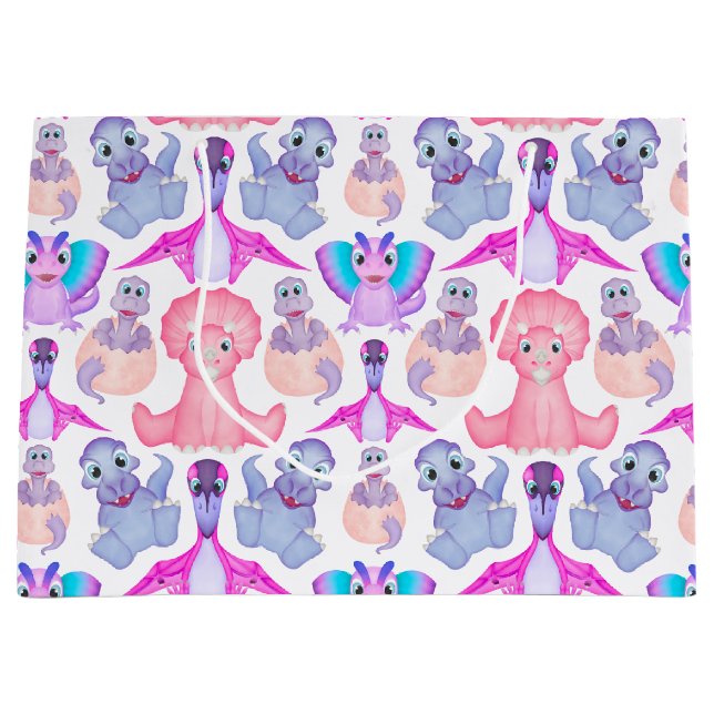 Grand Sac Cadeau Dinosaure Aquarelle rose Baby shower d'anniversair (Devant)