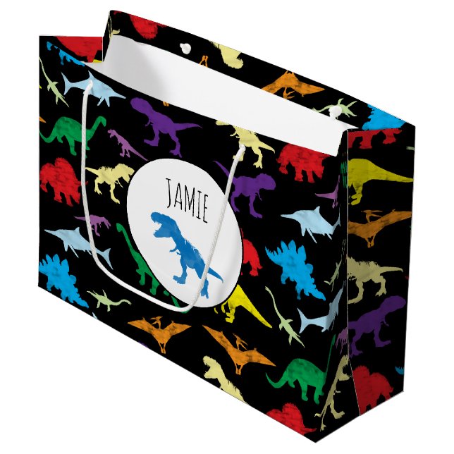 Grand Sac Cadeau Dinosaures colorés Aquarelle Enfants Motif (Devant Angle)