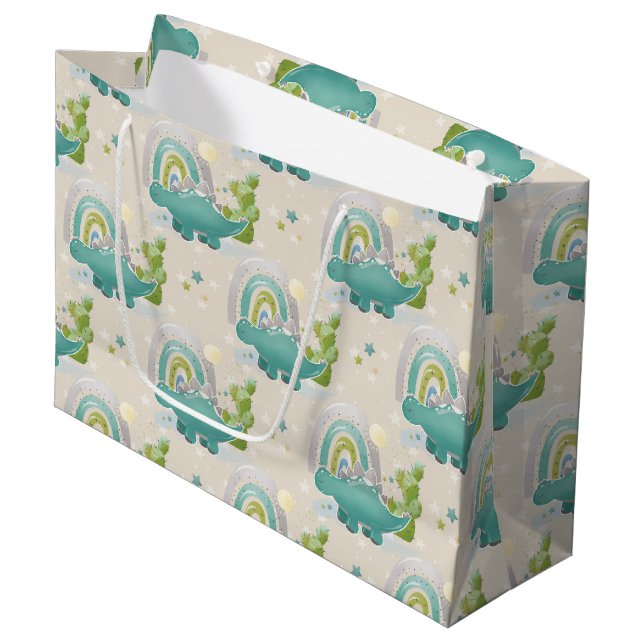 GRAND SAC CADEAU DINOSAURES ET COUPEAUX TURQUOISE ADORABLES (Devant Angle)