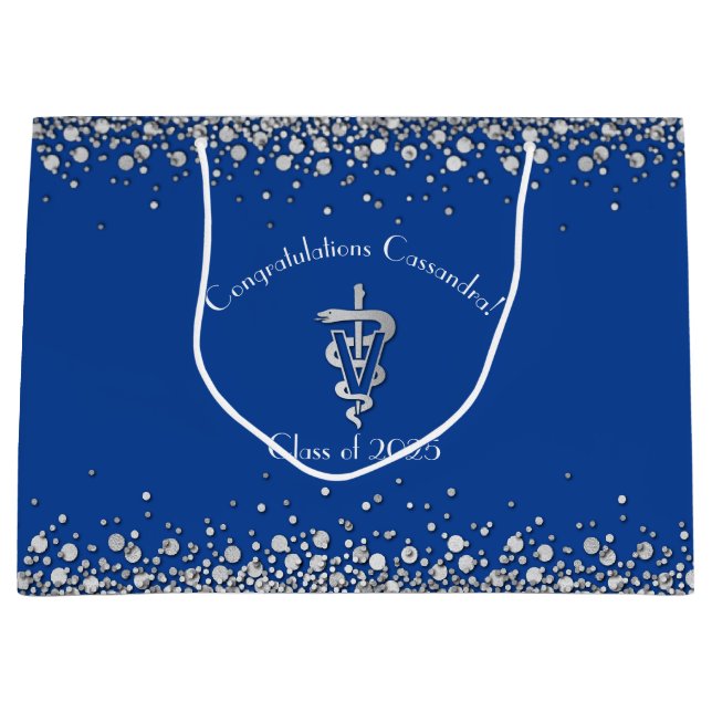 Grand Sac Cadeau Diplôme de Vétérinaire Bleu Argent (Devant)