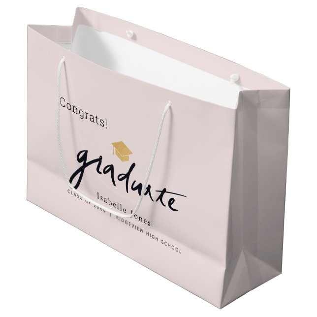 Grand Sac Cadeau Diplômé écriture manuscrite de script Cap rose (Devant Angle)