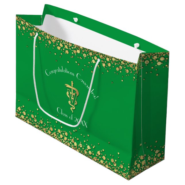 Grand Sac Cadeau Diplômé Vétérinaire Vert Or (Devant Angle)