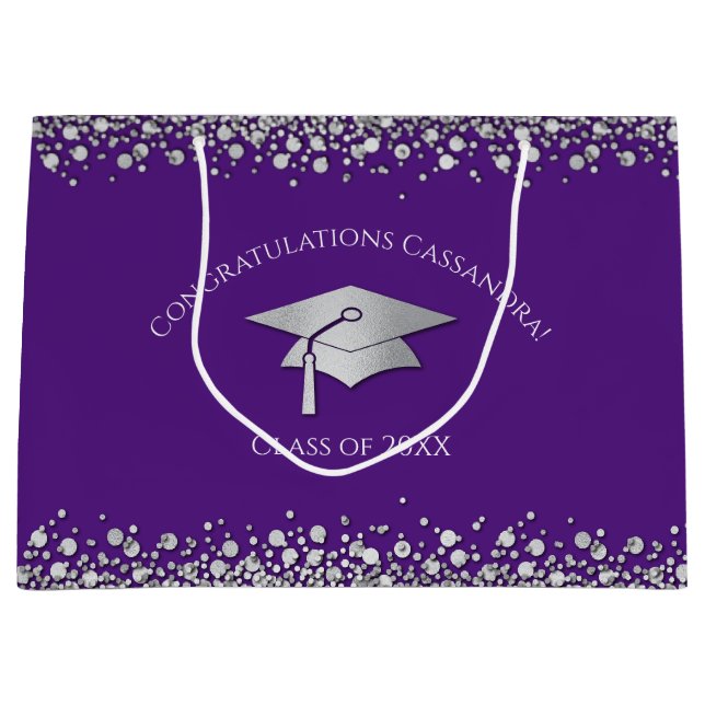 Grand Sac Cadeau Diplômé Violet et Argent (Devant)