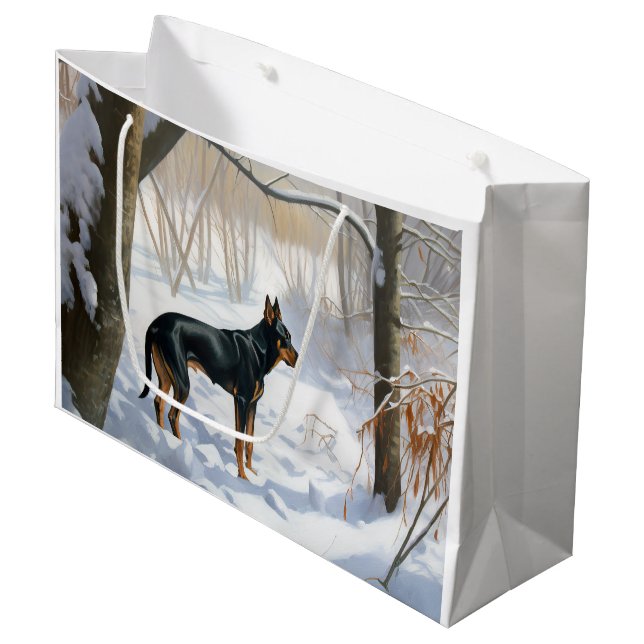 Grand Sac Cadeau Doberman Pinscher Laisser Neige Noël (Devant Angle)