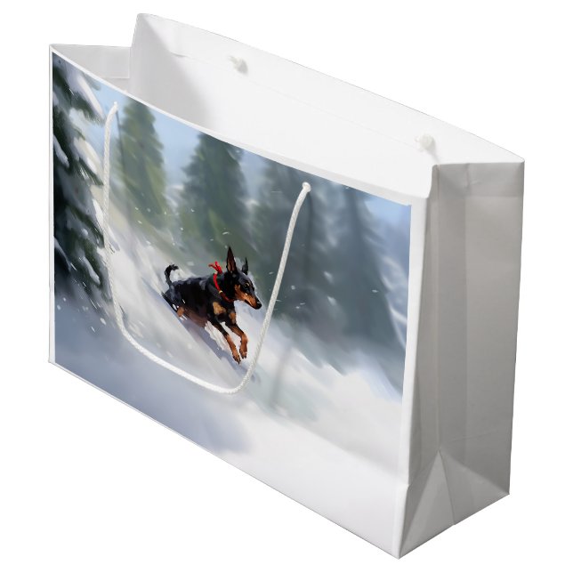 Grand Sac Cadeau Doberman Pinscher neige de Noël hiver (Devant Angle)