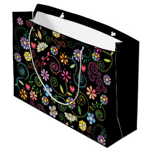 Grand Sac Cadeau Doodle à main coloré Floral sans couture motif