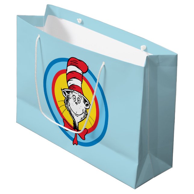 Grand Sac Cadeau Dr. Seuss | Graphisme de tête de Chat dans le Chap (Devant Angle)
