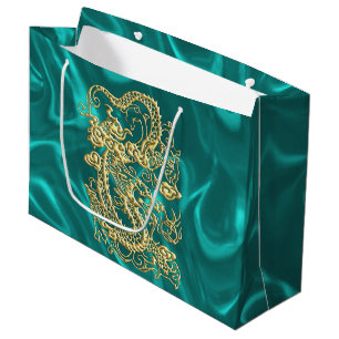 Grand Sac Cadeau Dragon d'or incorporé sur impression en satin Turq