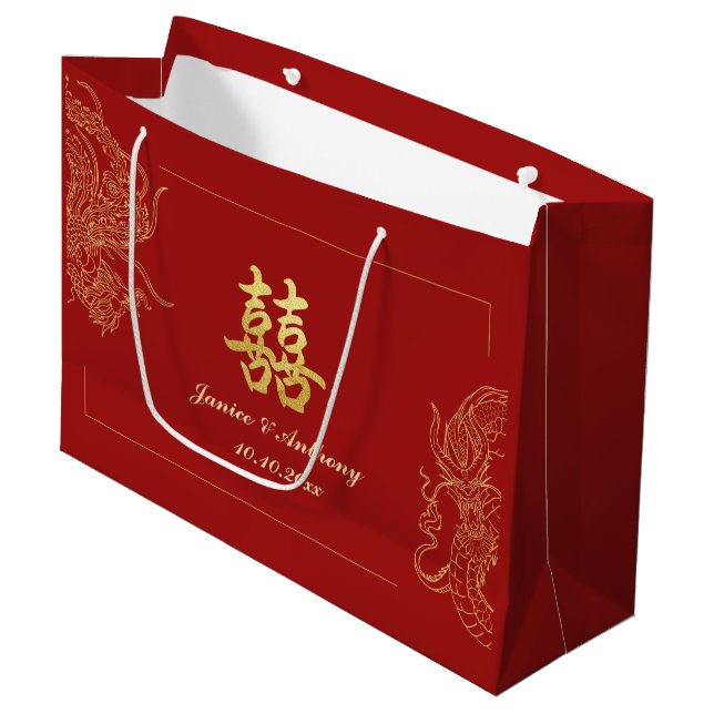 Grand Sac Cadeau Dragon Phoenix traditionnel Mariage chinois rouge  (Devant Angle)